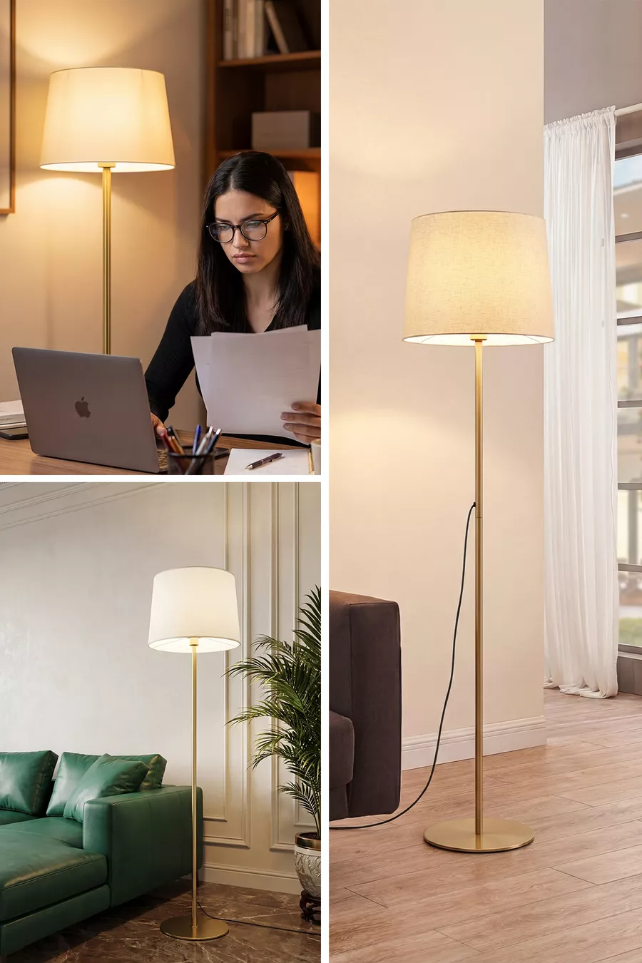 Lampadaire en métal à pied doré avec abat-jour crème Cora patiné pour salon, chambre à coucher & salle de séjour