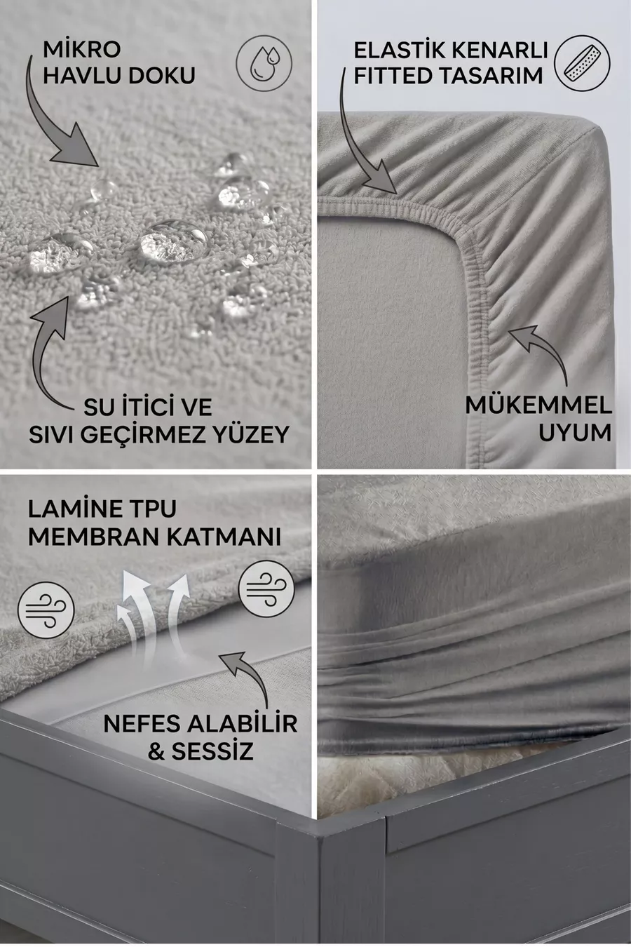 Protege-matelas imperméable à liquides gris classique en microfibre, ajusté, bord complet, pour bébé - simple, double, grand lit