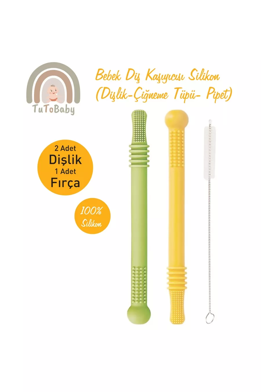 Suceur de dent pour bébé en silicone (hochet-tube à mâcher-paille) 2 hochets 1 brosse