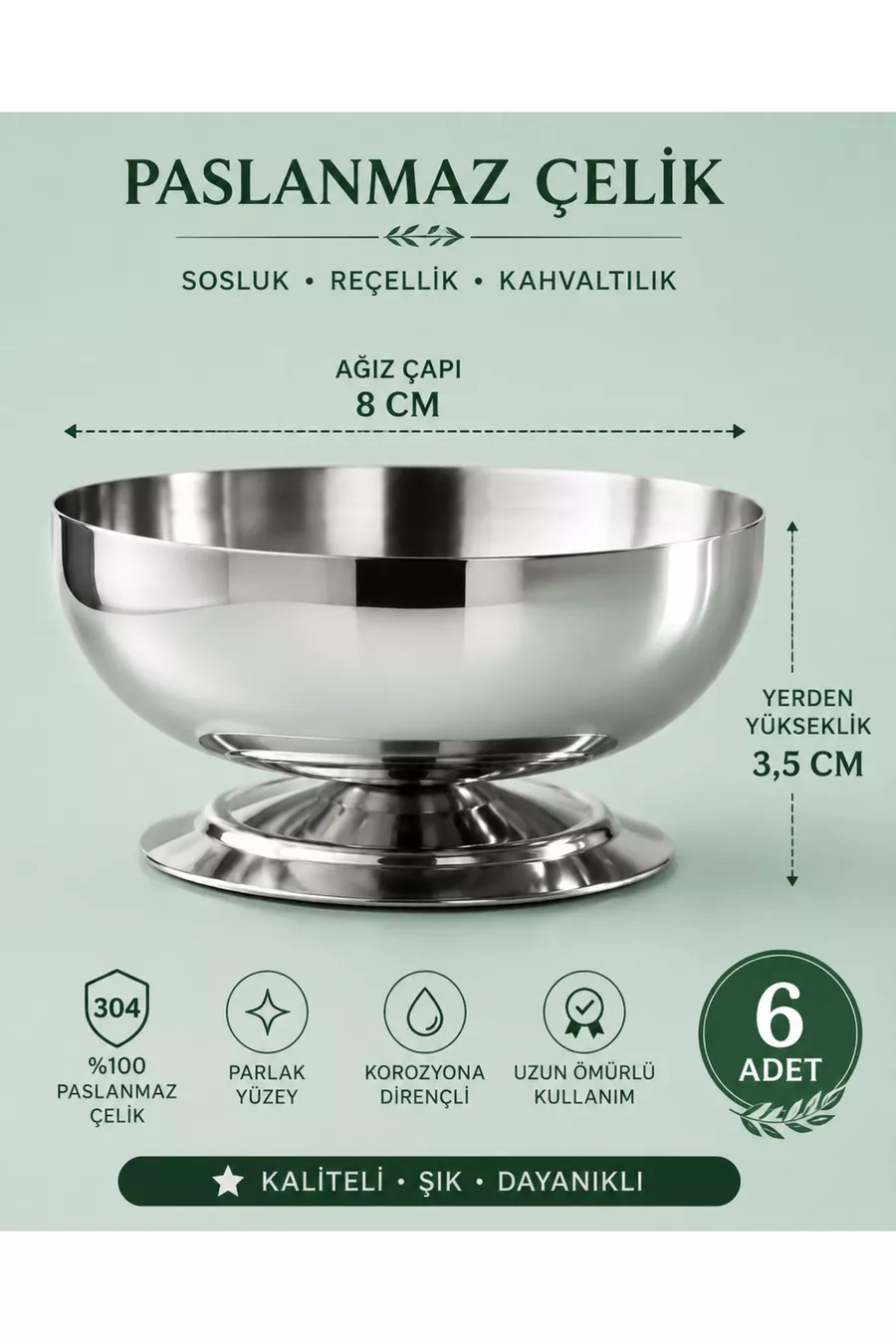 Set de 6 Bols de Présentation en Acier Inoxydable avec Pied de 8 cm | Pour Confiture, Sauce, Fruits Secs, Petit Déjeuner, Mezze, Cornichons, Présentation, Cadeau