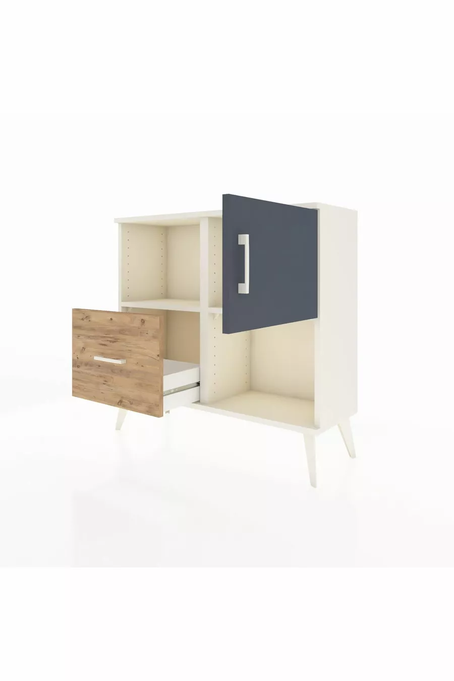 Commode Arges avec 2 étagères, 1 tiroir et 1 porte, couleur Pierre de Lune-Anthracite/Sapin