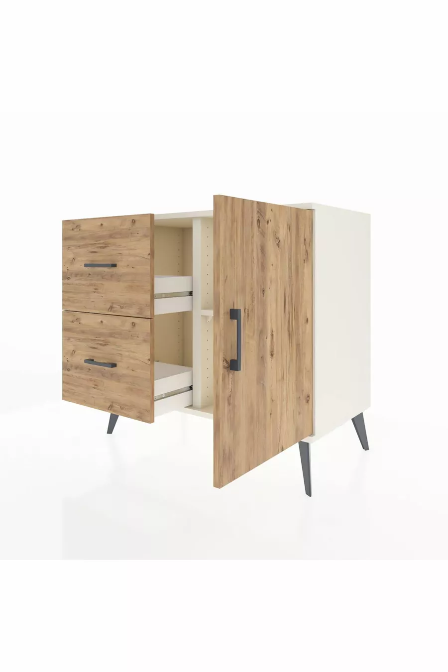 Commode Hyperion à une étagère, 2 tiroirs et 1 porte, Pierre de Lune-Pin