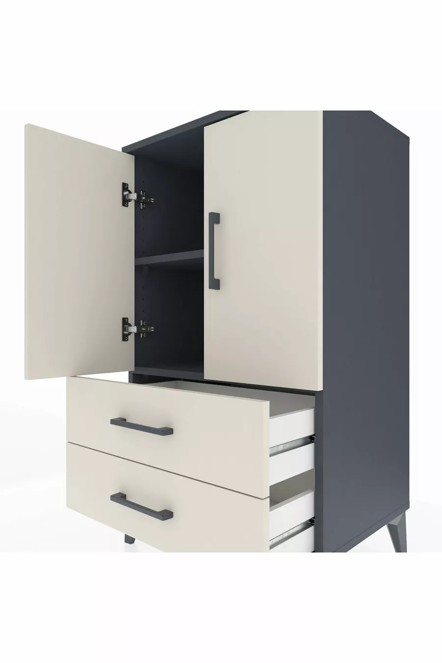 Table de chevet Hyperion avec 2 étagères, 2 tiroirs et 2 portes, Anthracite-Pierre de lune