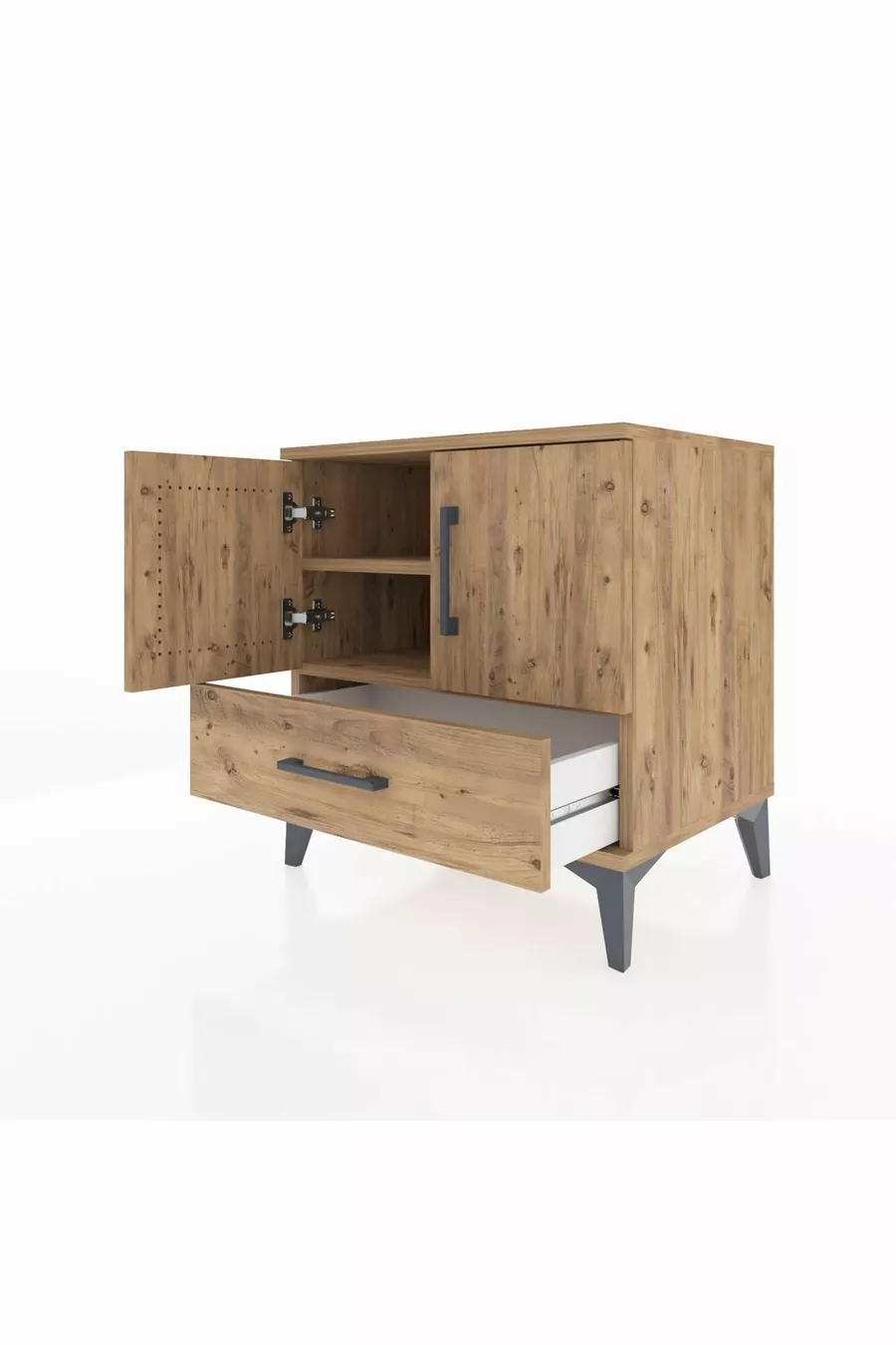 Table de chevet Hyperion avec 2 étagères, 1 tiroir et 2 portes, pin-pin