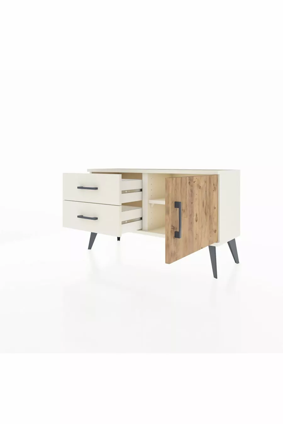 Commode Arges avec une seule étagère, 2 tiroirs et une porte, couleur Pierre de lune-Sapin/Pierre de lune