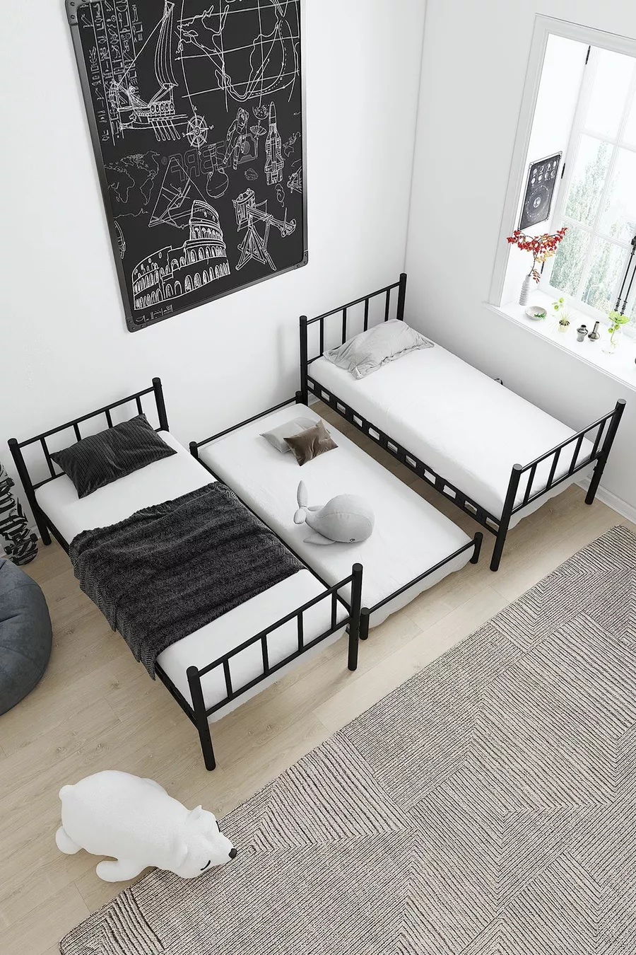 Chambre d'enfant pour jeunes avec lits superposés et lit métallique Zambak Yavrulu Noir