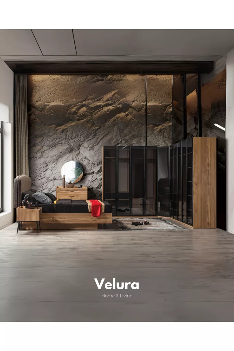 Ensemble de chambre à coucher İzgi (Armoire d'angle avec porte en verre + Commode + Table de chevet + Lit)