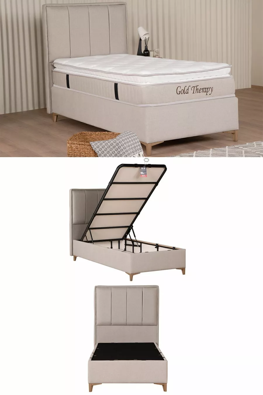 Ensemble tête de lit et sommier avec coffre Gold Therapy Beige (LIT NON INCLUS)