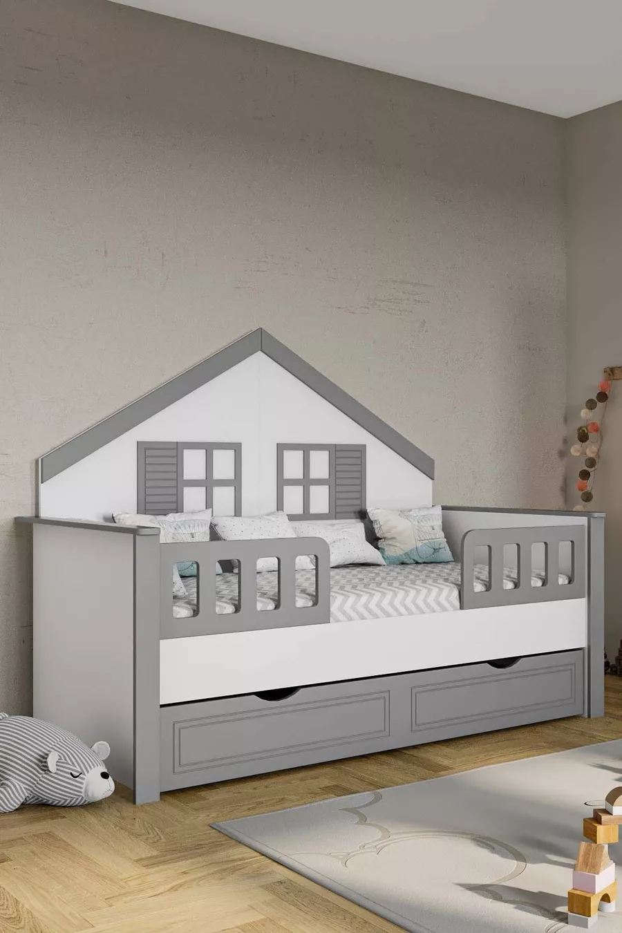 % Lit Montessori pour enfants en MDF avec tiroirs, gris