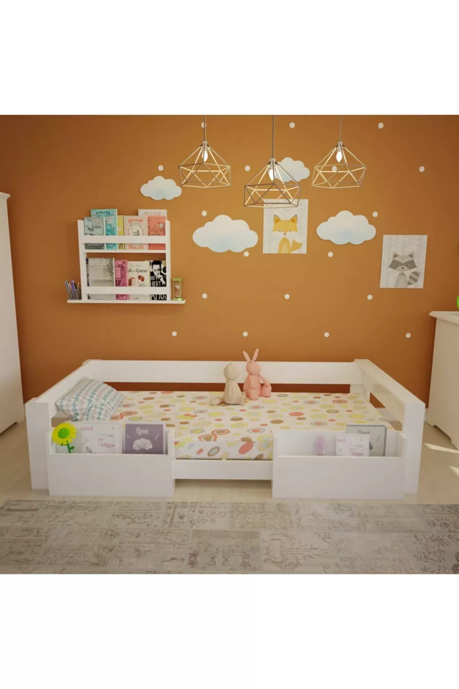 Lit Vega Montessori en MDF blanc avec compartiments, compatible avec matelas M