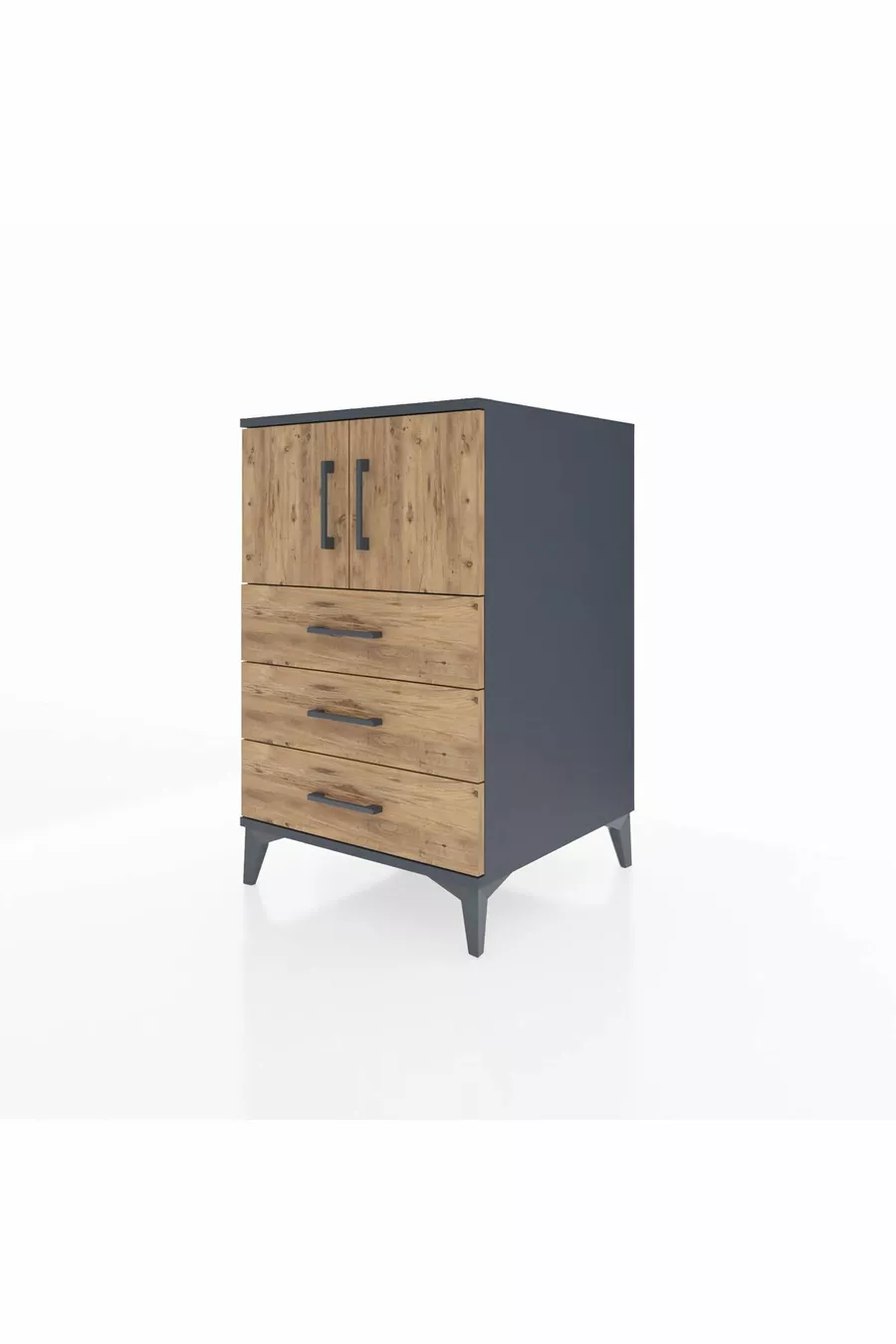 Table de chevet Kronos avec une étagère, 3 tiroirs et 2 portes, anthracite-pin
