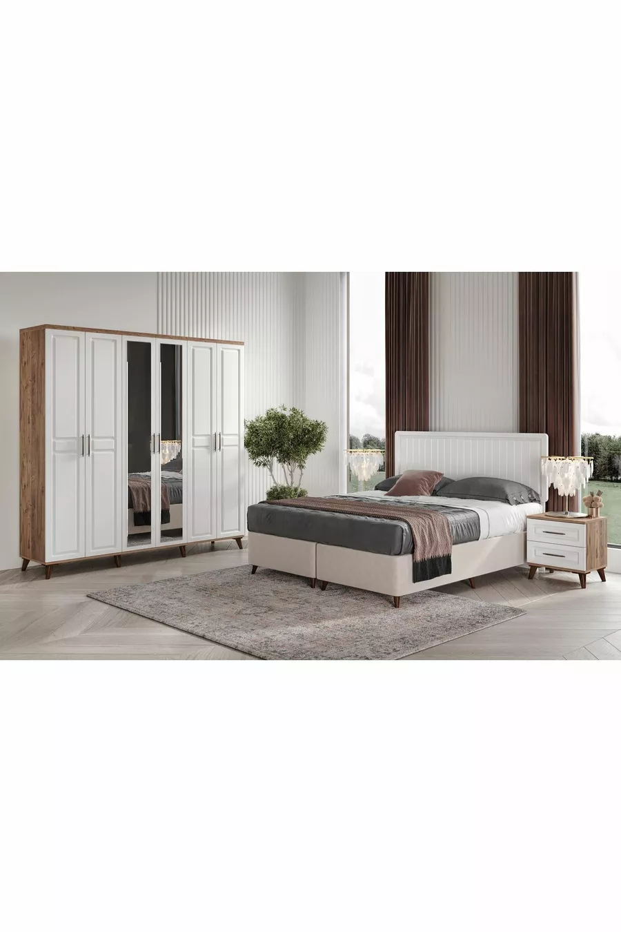 Ensemble de chambre à coucher complet en MDF Sport avec 6 portes, pin atlantic-blanc (avec sommier)