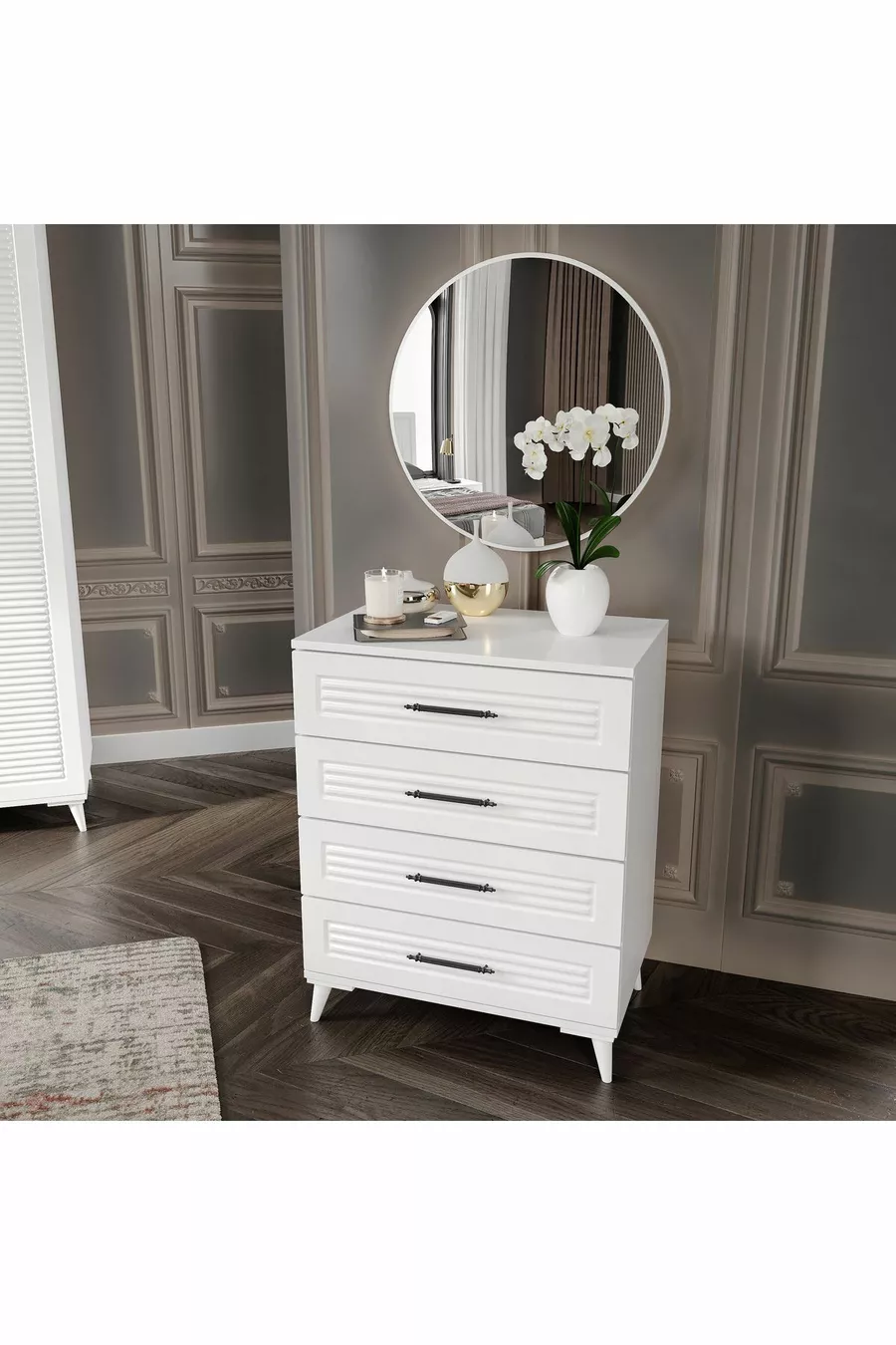 Ensemble de chambre à coucher complet en MDF avec 6 portes, blanc, avec sommier Paris