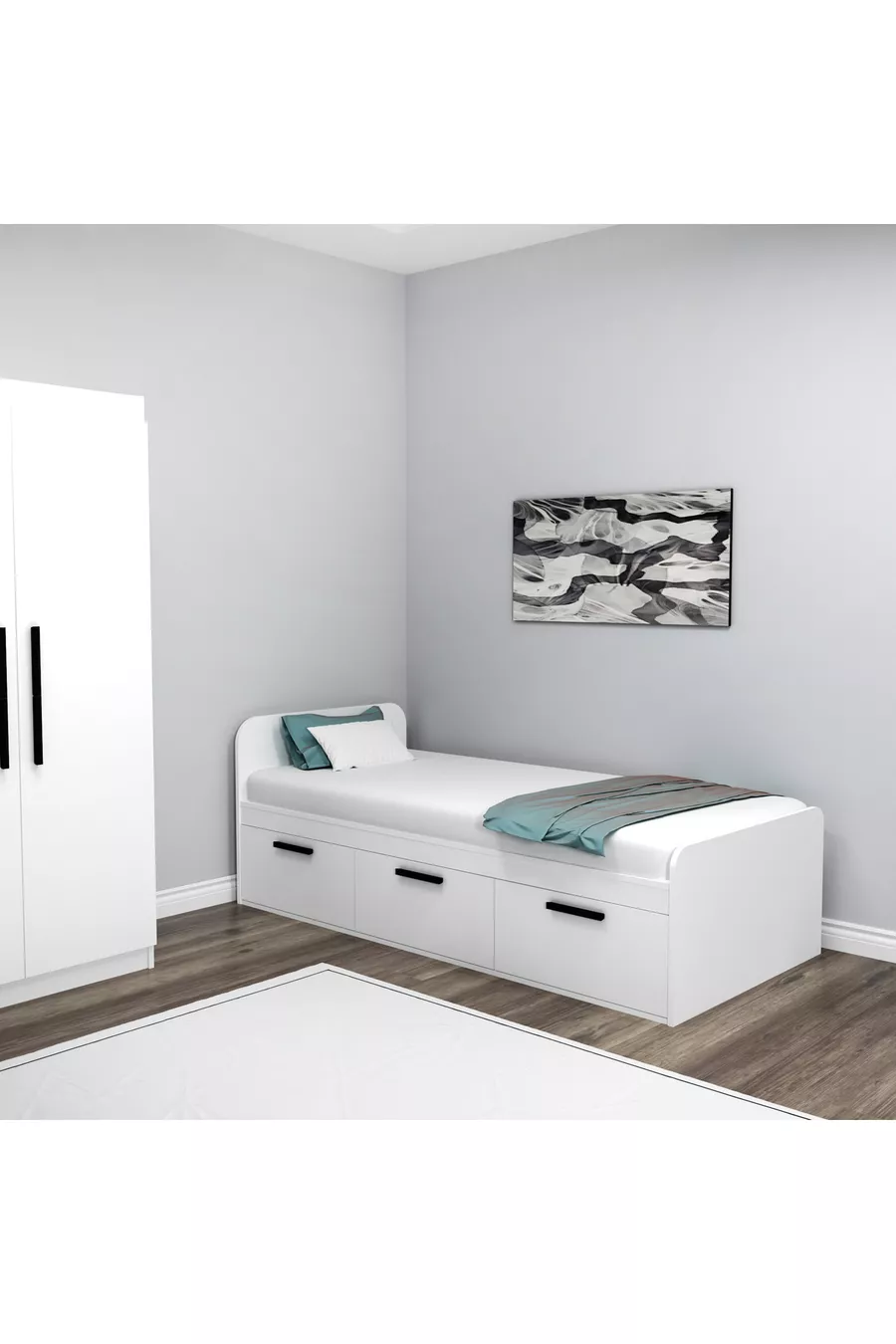 Lit Cadre Akser Blanc – Compatible avec Lit Simple, Lit Pour Jeune Avec Armoire