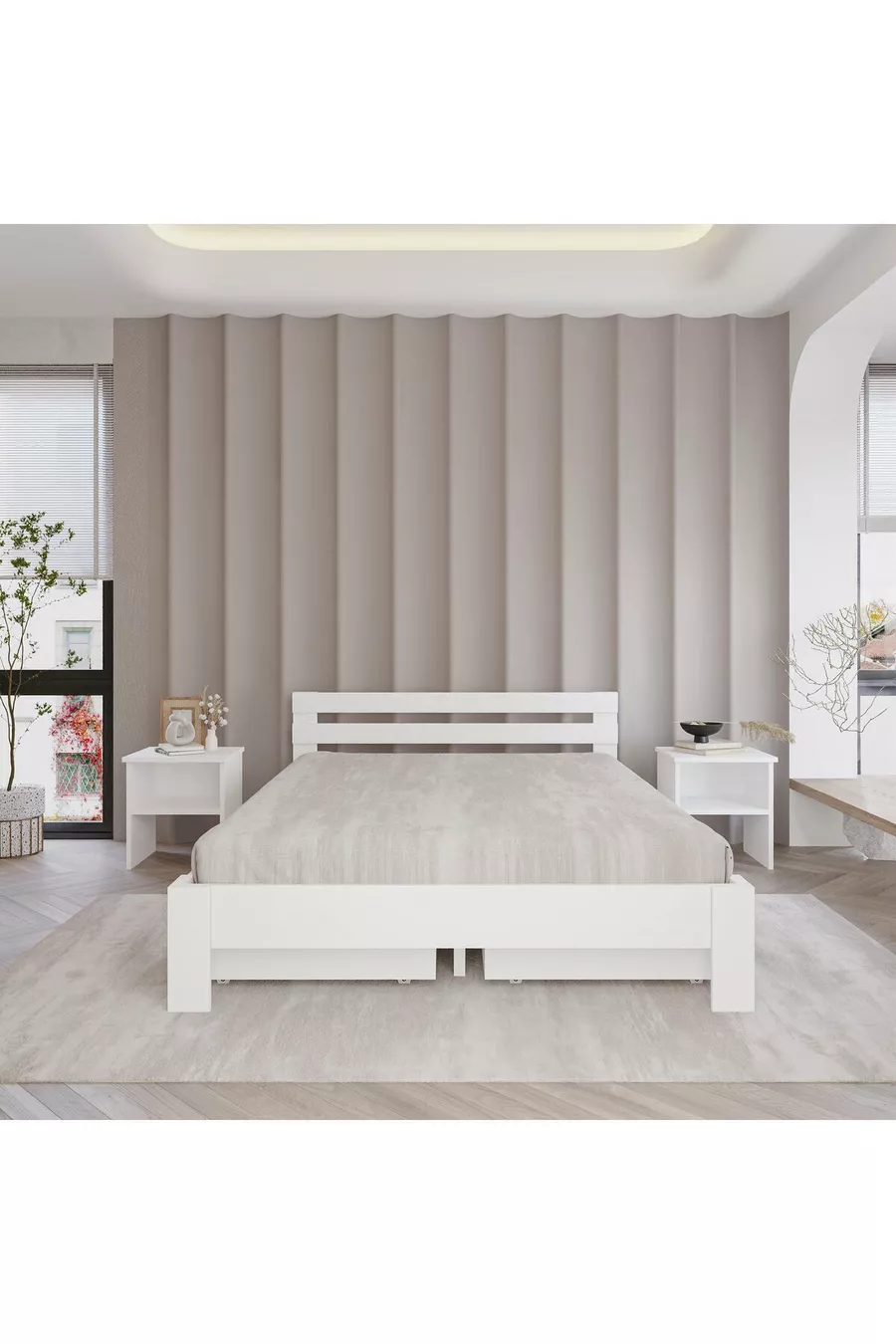 Lit en MDF avec 4 tiroirs | Compatible avec lit simple et double, installation facile