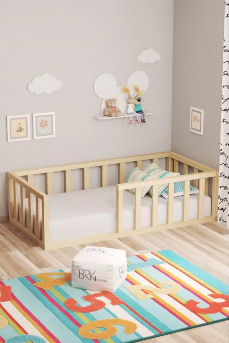 Lit Montessori sans pieds en bois de pin naturel pour enfants et bébés