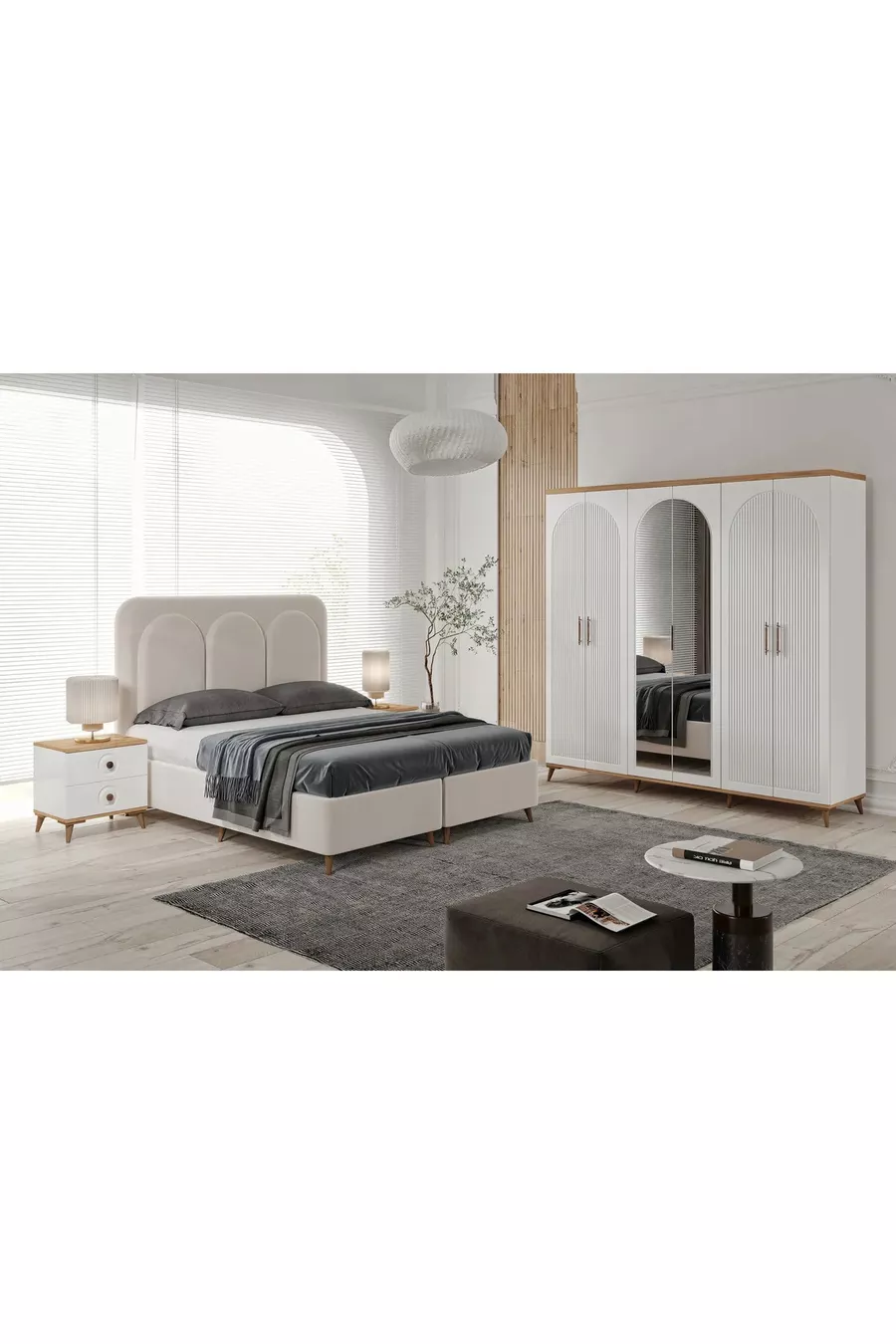 Montage Gratuit - Chambre à Coucher Complète en MDF Nevada avec 6 Portes