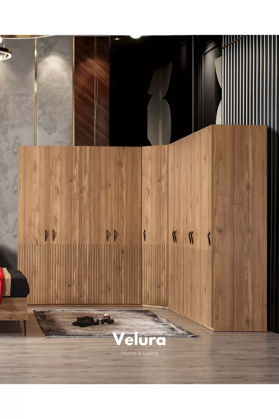 Ensemble de chambre à coucher İzgi (Armoire avec portes en bois + Commode + Table de chevet + Lit)