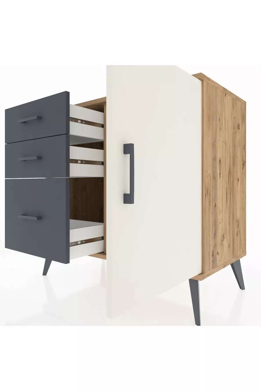 Commode Hyperion avec une seule étagère, 3 tiroirs et une porte, pin-gris/anthracite