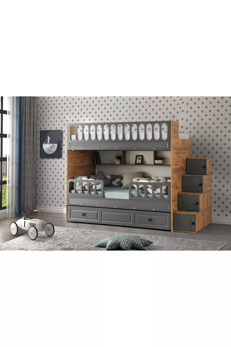 Lits superposés avec volets / Pin-anthracite / Installation gratuite / 3 zones de couchage avec escalier à rangement / 100 % MDF