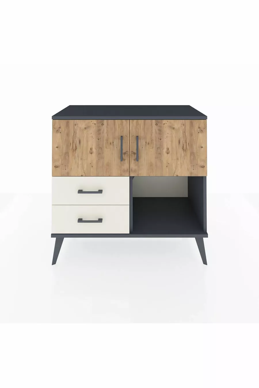 Commode Hyperion 2 étagères 2 tiroirs 2 portes Anthracite-Pin/Gris pierre
