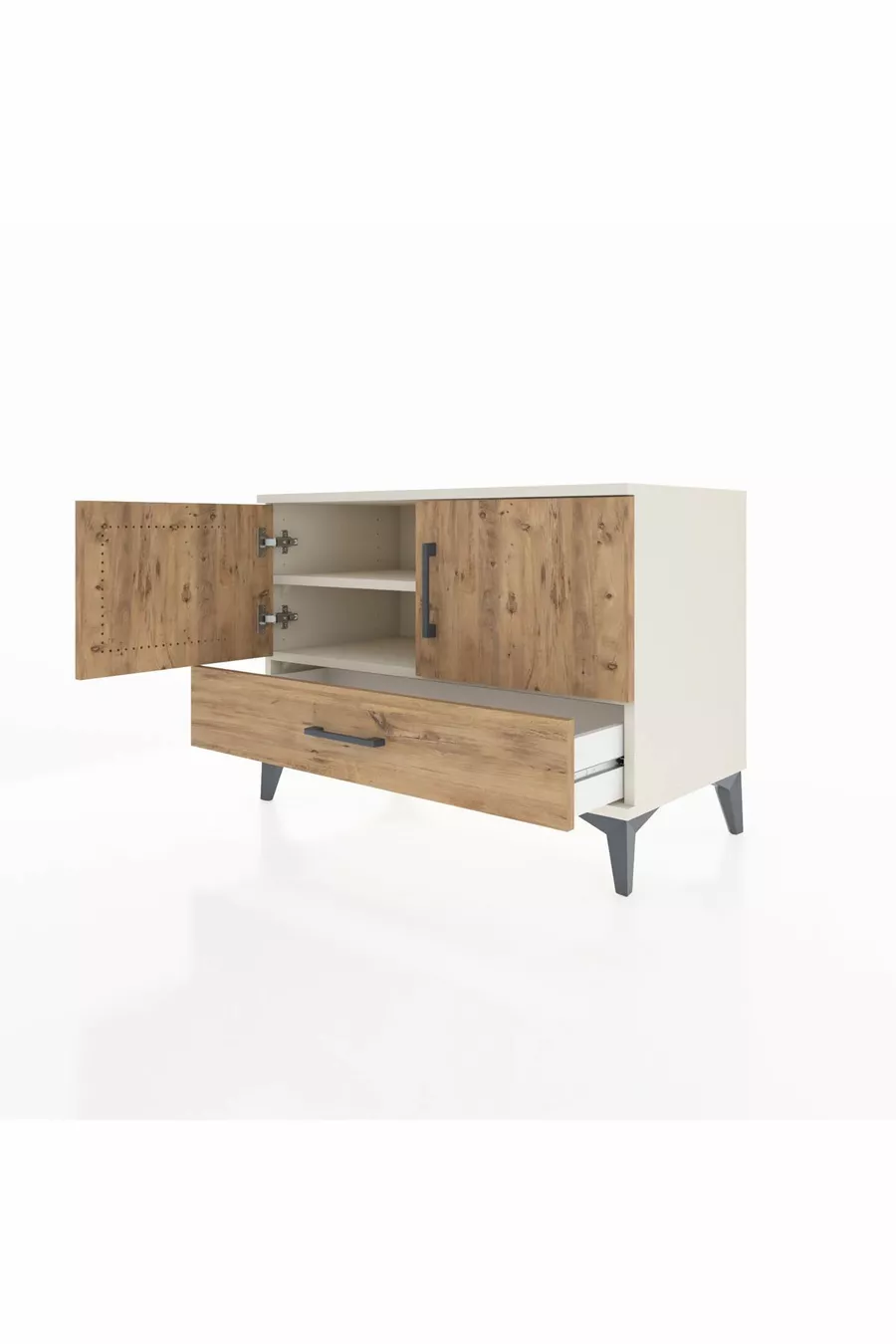 Commode Hyperion 2 étagères 1 tiroir 2 portes Pierre de lune-Épicéa