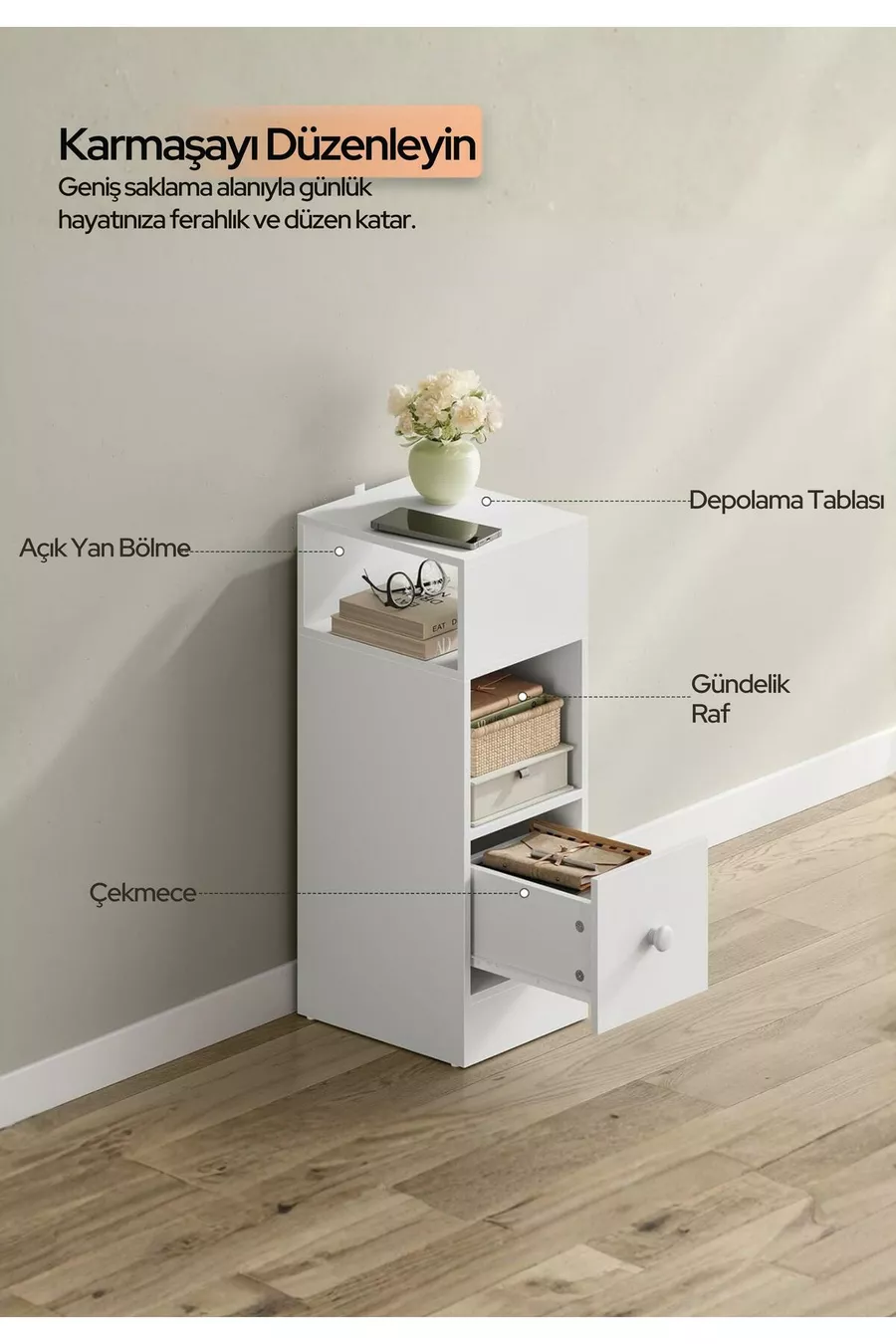 Table de chevet Mia Dar – Table de chevet avec tiroir, compartiment ouvert interchangeable, table d'appoint