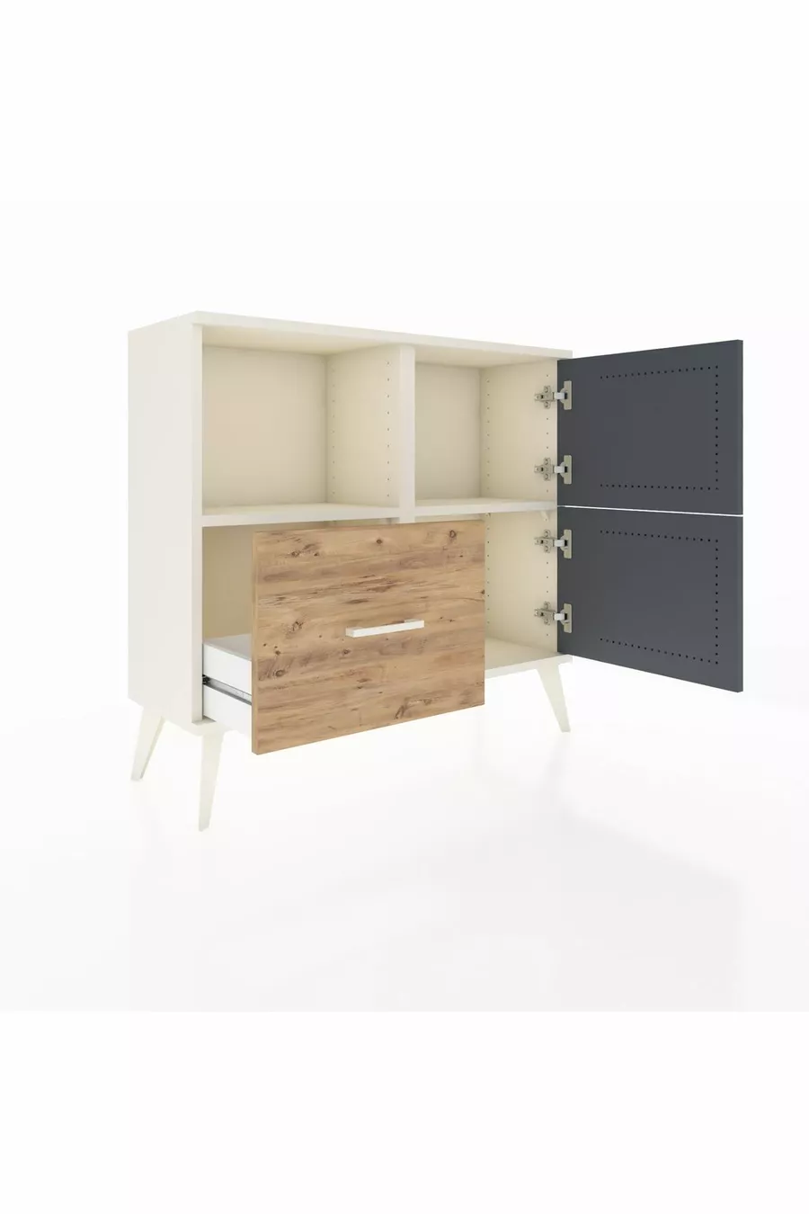 Commode Arges avec 2 étagères, 1 tiroir, 2 portes, couleur Pierre de lune-Anthracite/Pin