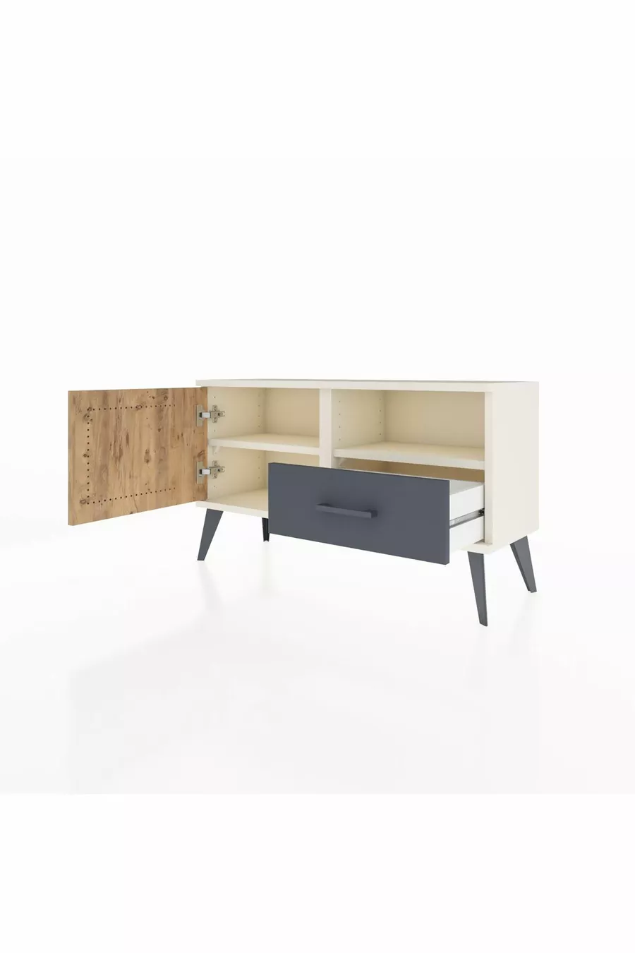 Commode Arges avec 2 étagères, 1 tiroir, 1 porte, couleur Pierre de lune/Pin/Anthracite