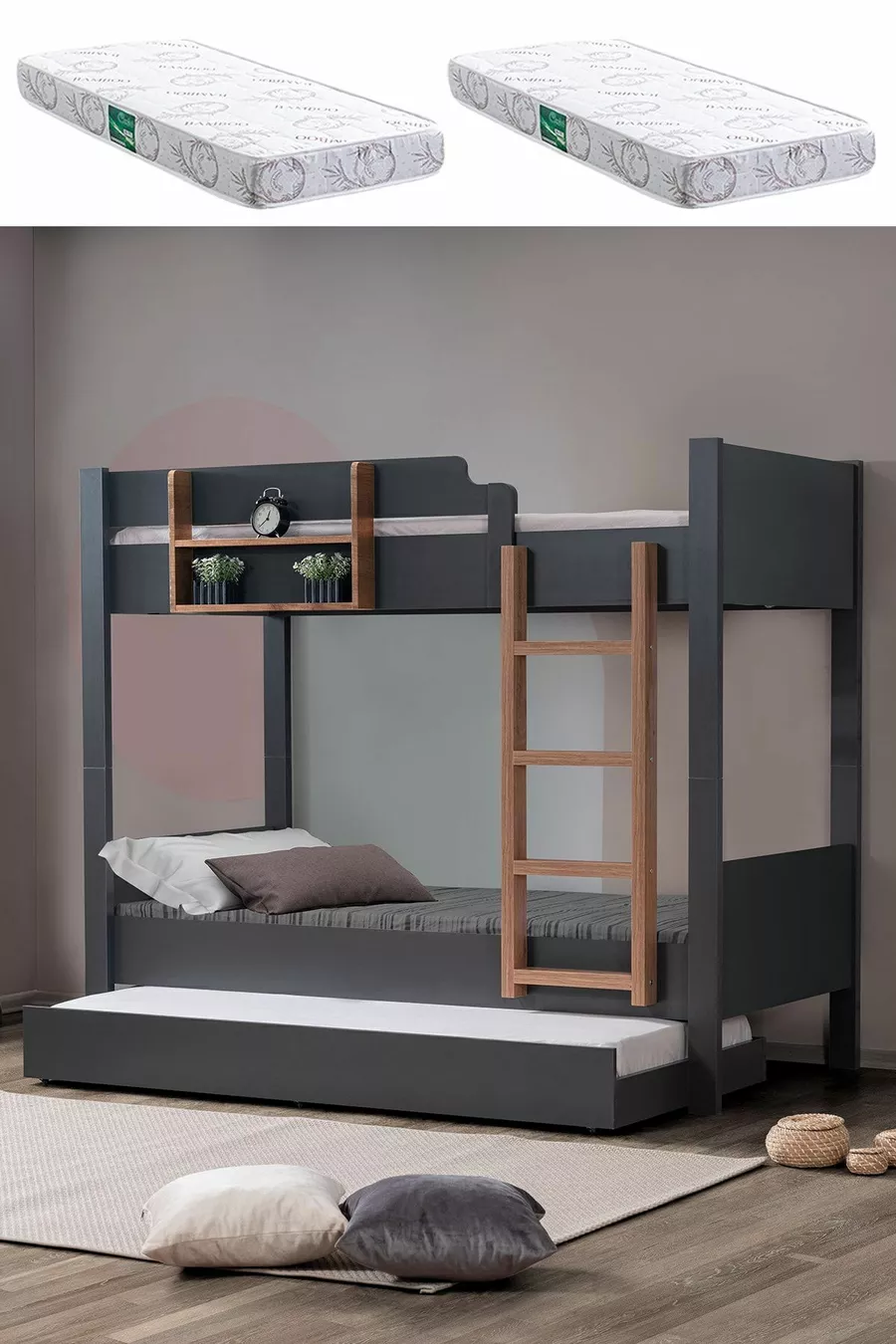 Lit superposé, lit superposé modulable pour enfants, anthracite - noyer + 2 matelas Comfort