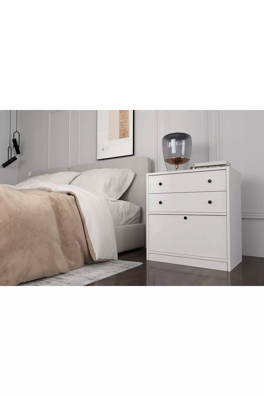 Table de chevet blanche à deux tiroirs avec porte, sans moulure
