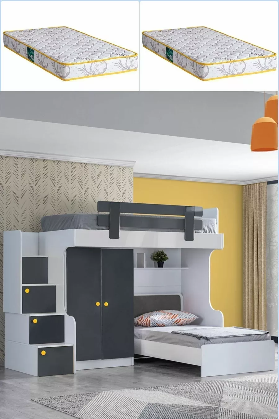 Lit superposé, Lit mezzanine Metris avec placard et 2 matelas Comfort