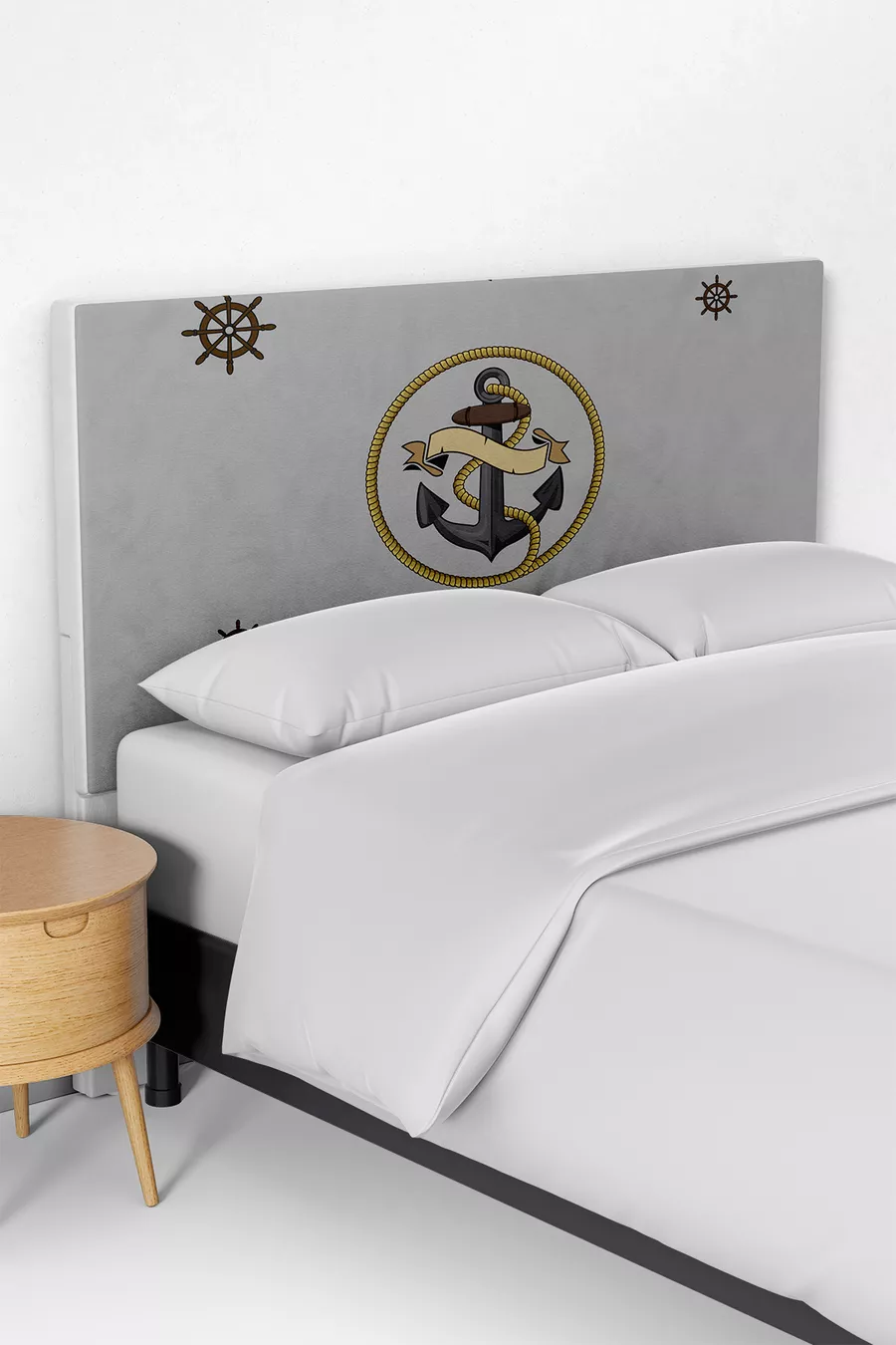 Housse de tête de lit pour enfant avec motif d'ancre de marin gris et blanc