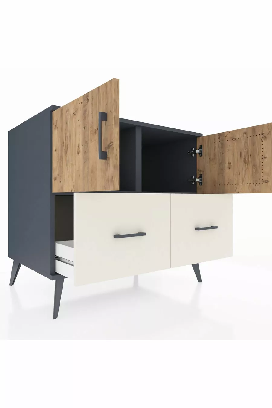 Commode Kronos 2 étagères 2 tiroirs 2 portes Anthracite-Sapin/Gris pierre