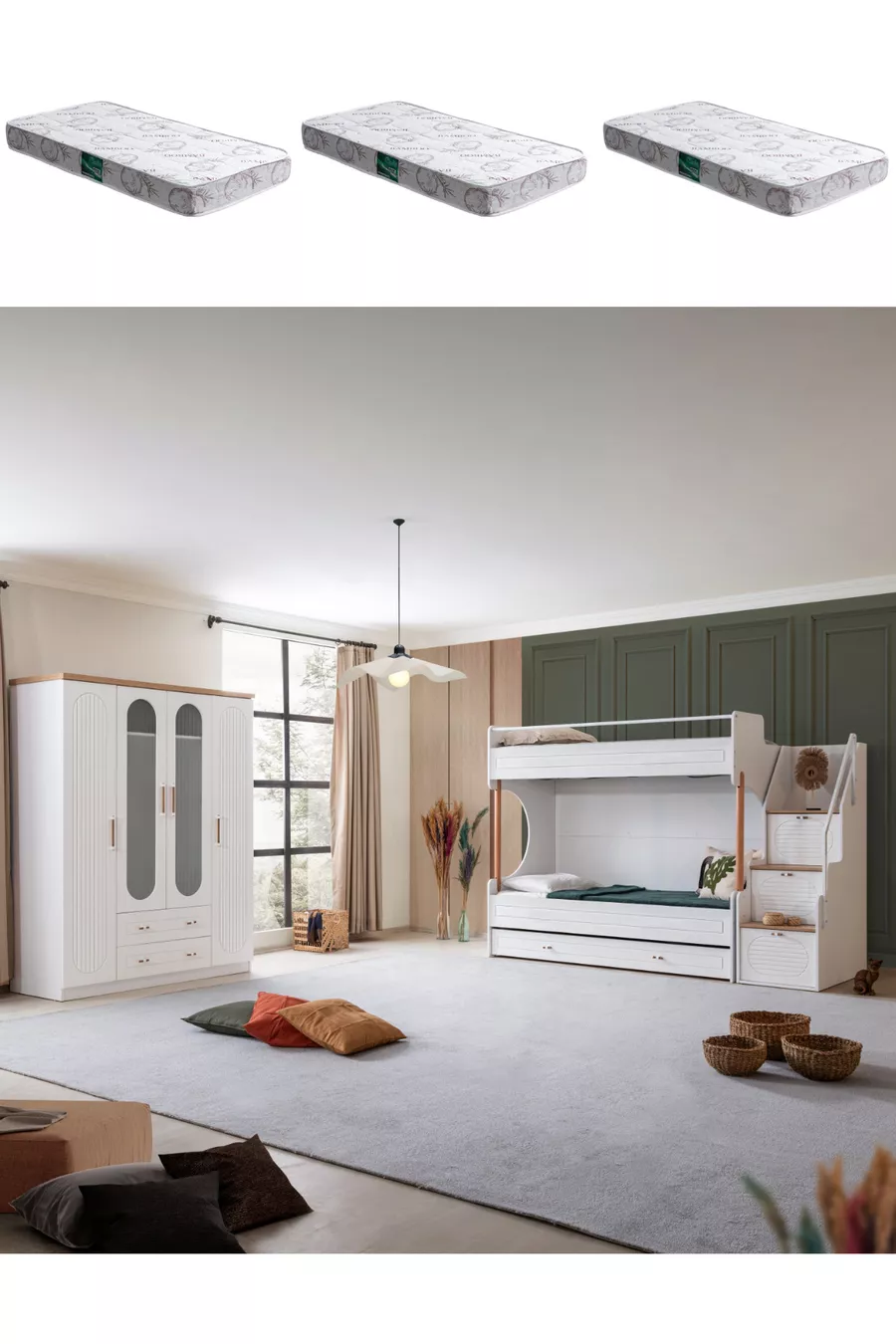 Lit superposé Ranza, lit superposé Vita Bohem avec tiroirs blanc, armoire à 4 portes, 3 matelas Comfort