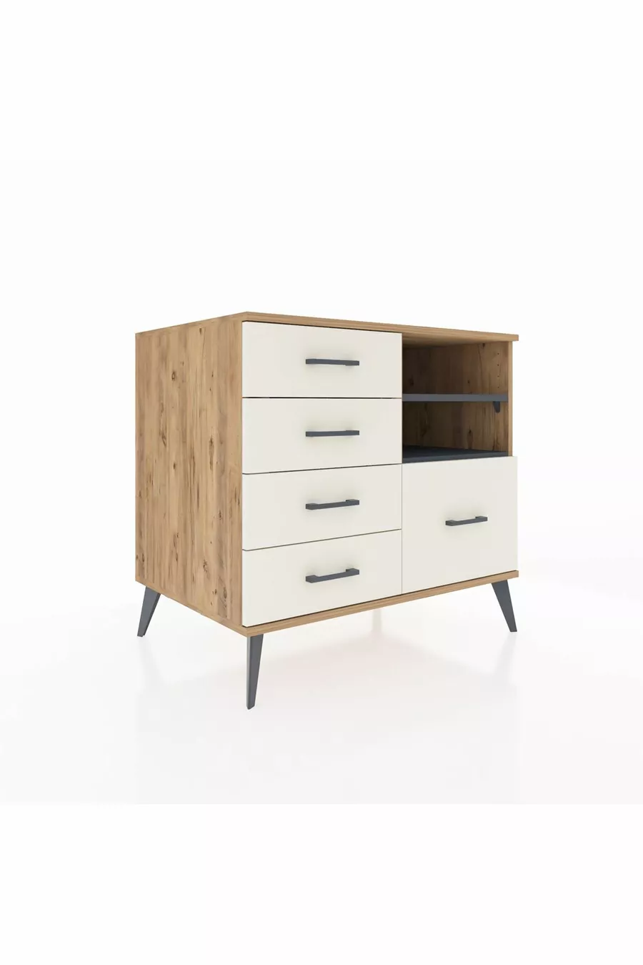 Commode Kronos 2 étagères 5 tiroirs Pin-Anthracite / Pierre de Lune