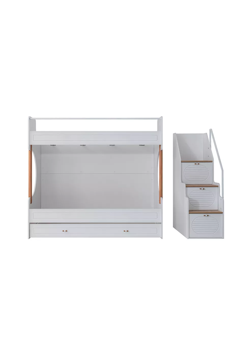 Lit superposé Ranza, lit superposé Vita Bohem avec tiroirs blanc, armoire à 4 portes, 2 matelas Comfort