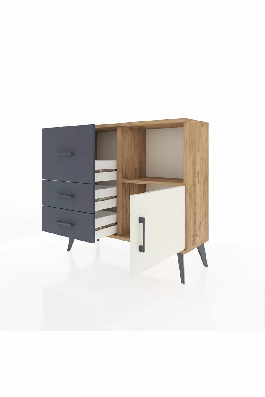 Commode Arges avec une seule étagère, 3 tiroirs et une porte, pin-gris/anthracite