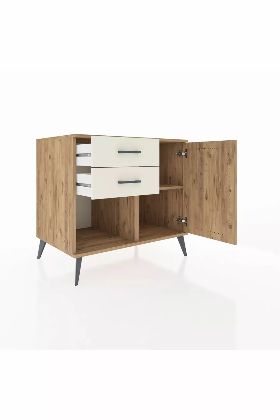Commode Kronos avec une seule étagère, 2 tiroirs et une porte, Pin-Pin / Nacré