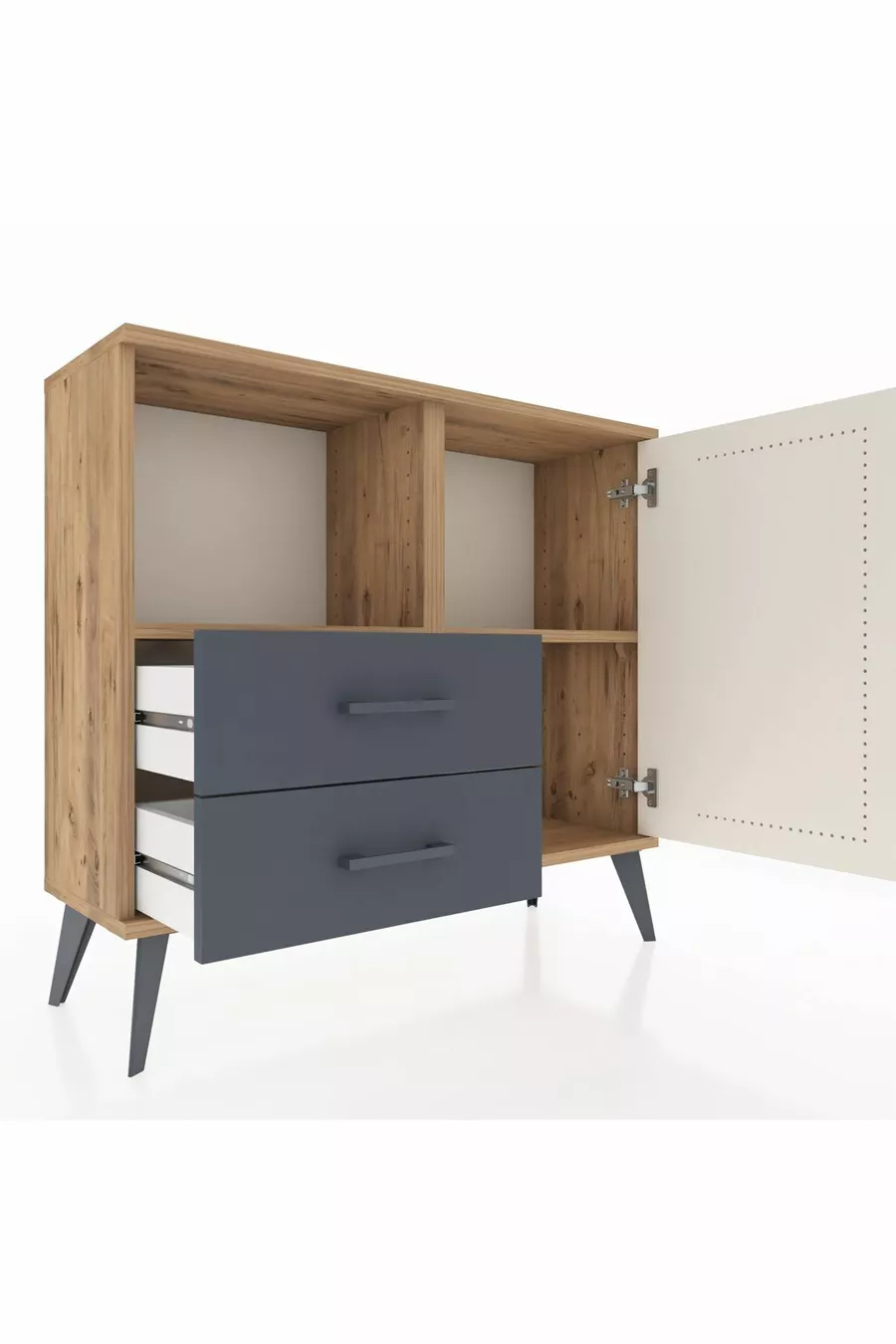Commode Arges avec 2 étagères, 2 tiroirs et 1 porte, en pin-ardoise/anthracite