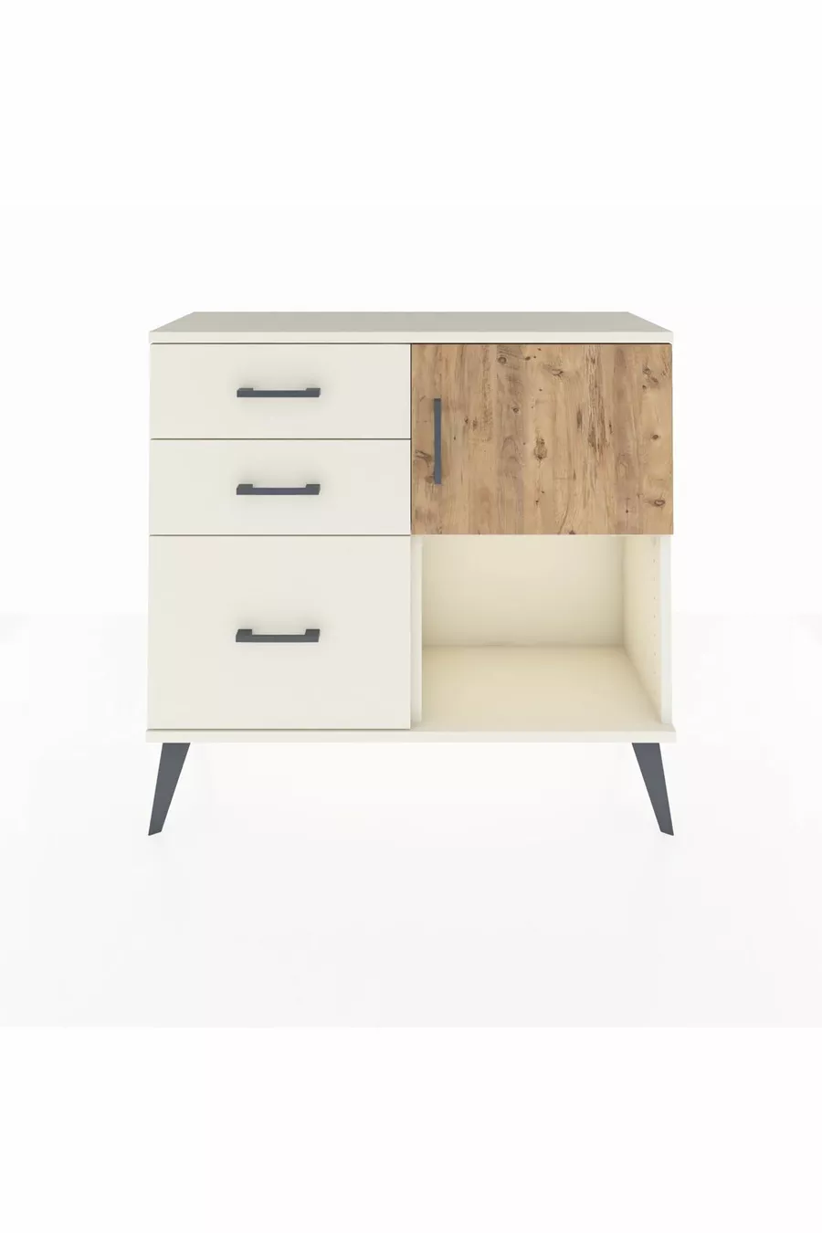 Commode Arges avec une seule étagère, 3 tiroirs et une porte, couleur Pierre de Lune/Pin