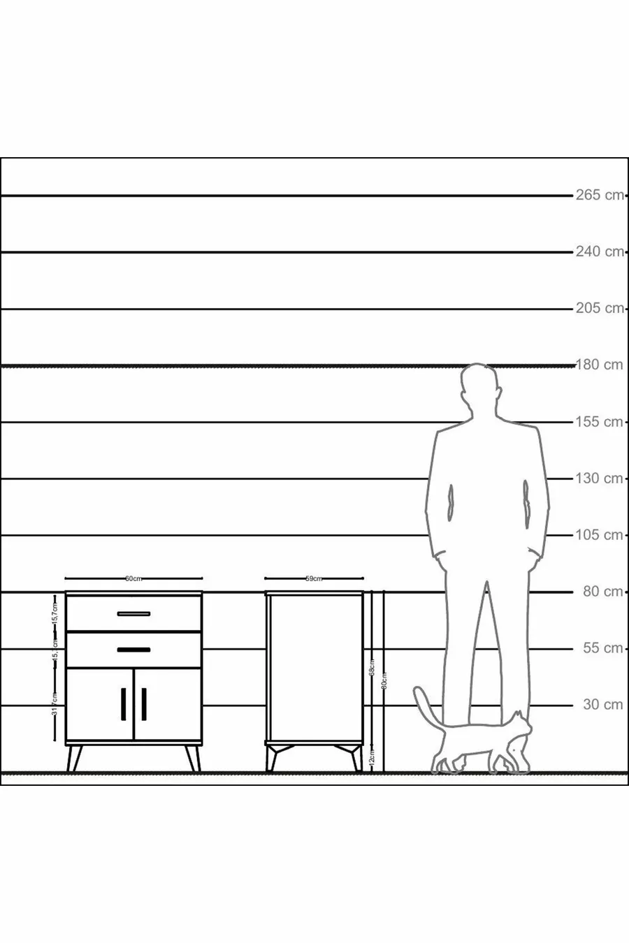 Kronos Table de chevet avec une étagère, 2 tiroirs et 2 portes, pin-anthracite