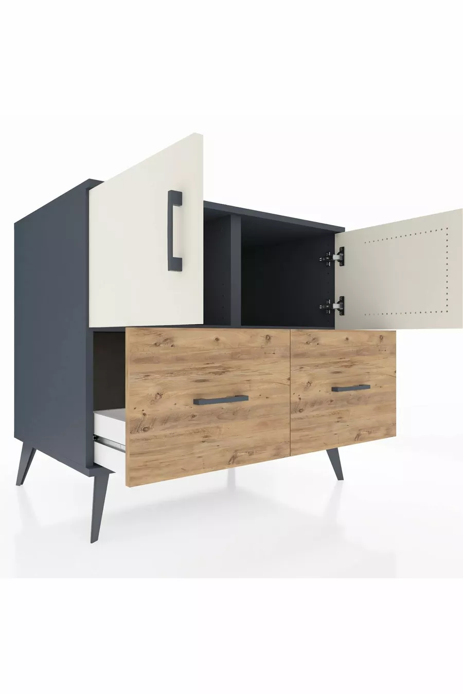 Commode Kronos avec 2 étagères, 2 tiroirs et 2 portes Anthracite-Pierre d'argile/Sapin