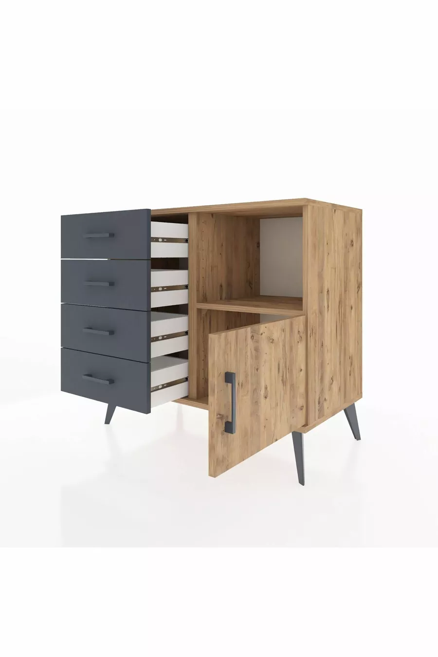 Commode Hyperion avec une seule étagère, 4 tiroirs et une porte, Pin-Pin/Anthracite