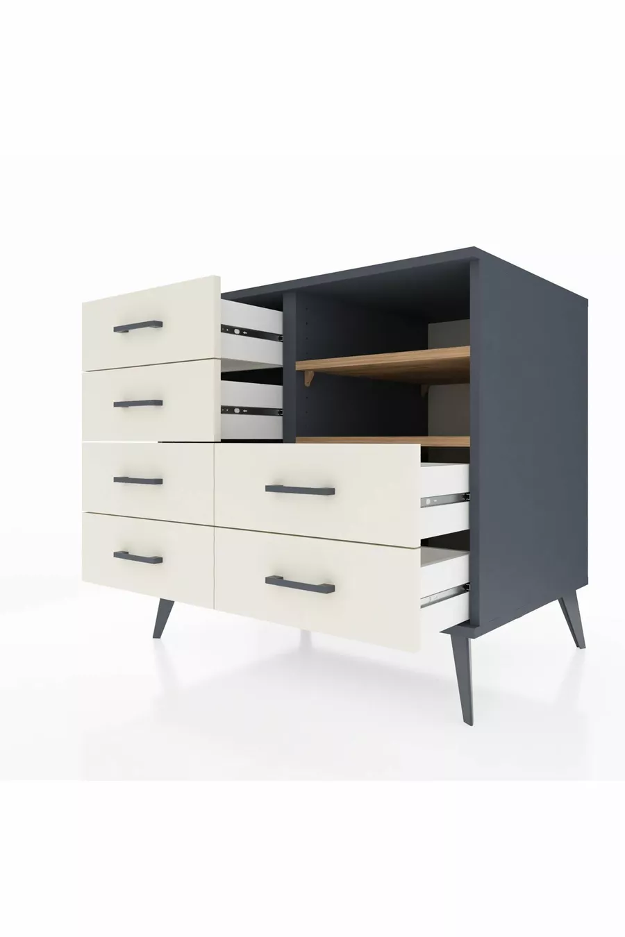 Commode Kronos 2 étagères 6 tiroirs Anthracite-Sapin/Mer de pierre