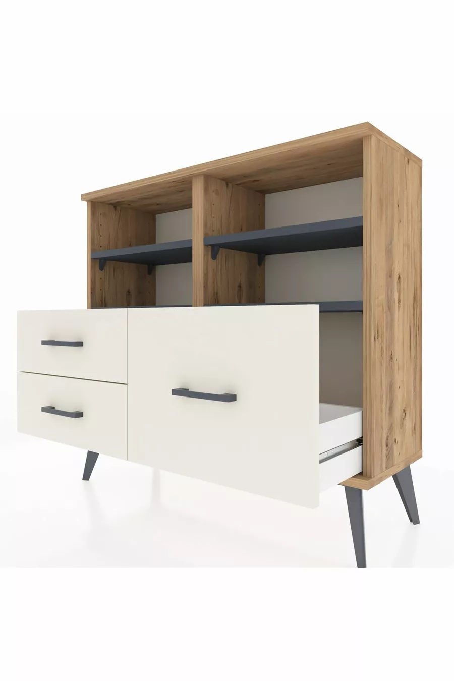 Commode Arges 4 étagères 3 tiroirs Pin-Anthracite/Marbre