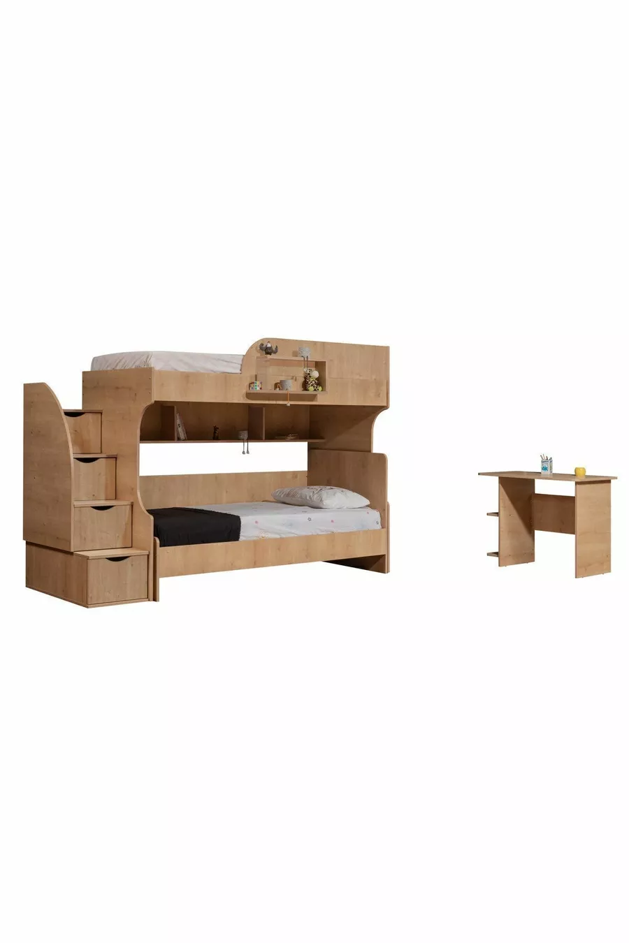 Lit superposé, Lit superposé Aura avec bureau et armoire à 3 portes, Noyer clair