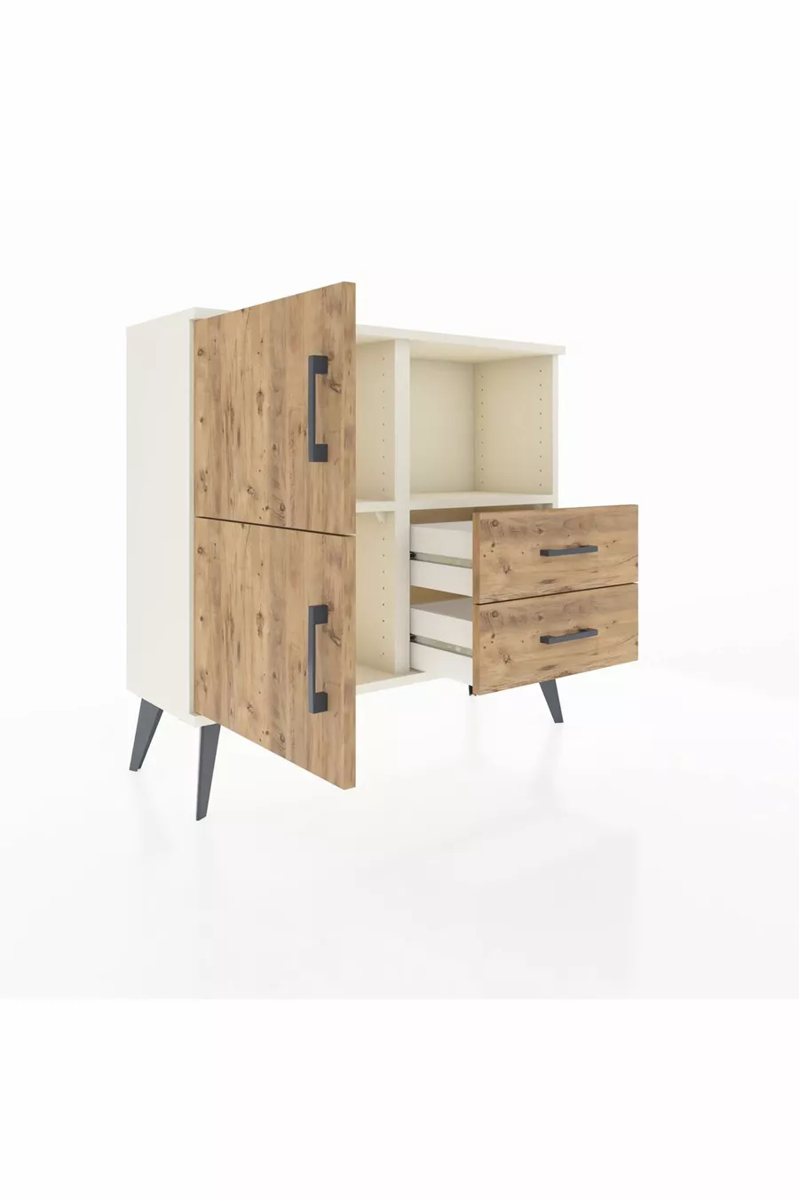Commode Arges avec 2 étagères, 2 tiroirs et 2 portes, couleur Pierre de lune-Pin