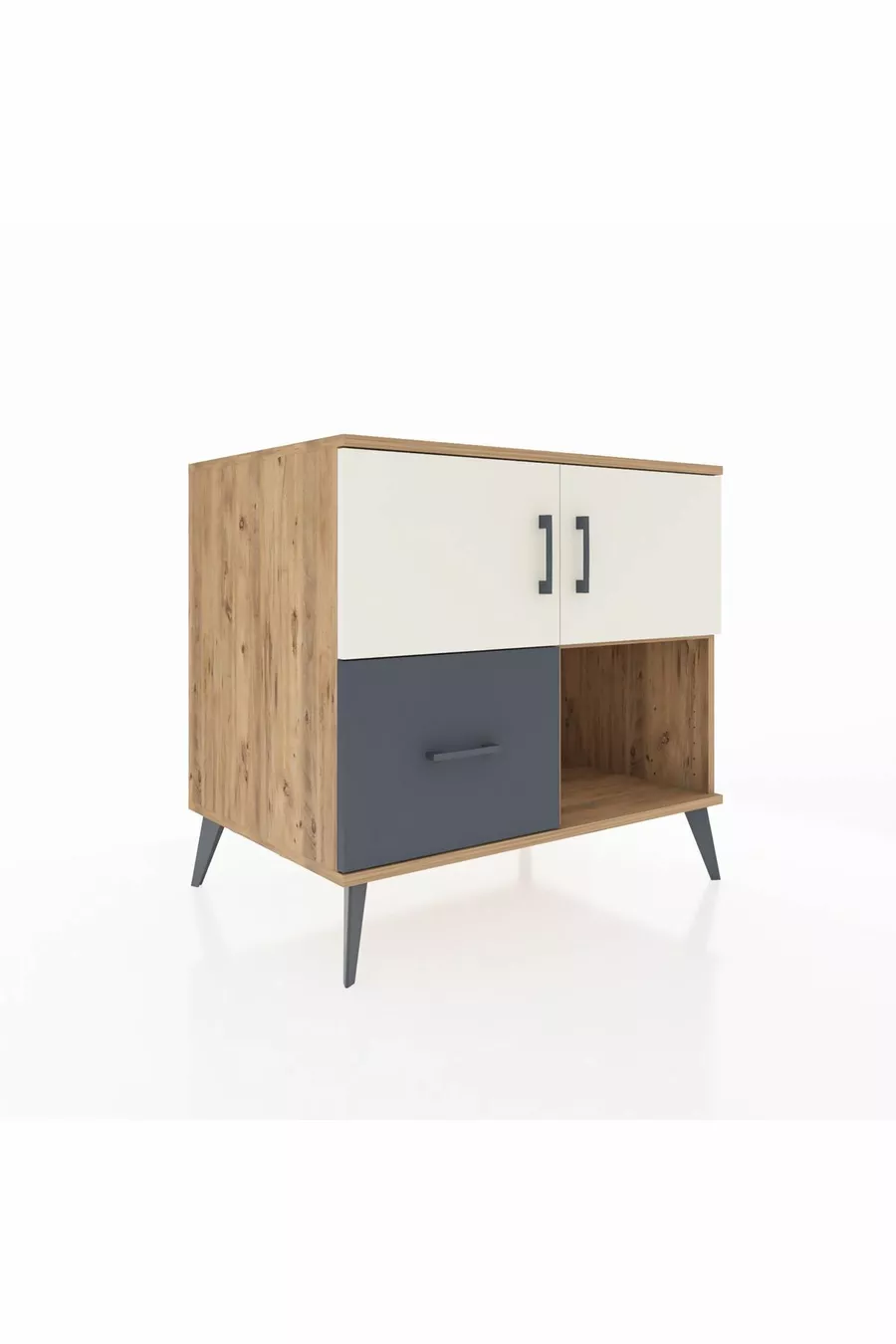 Commode Kronos à 2 étagères, 1 tiroir, 2 portes, pin-gris anthracite