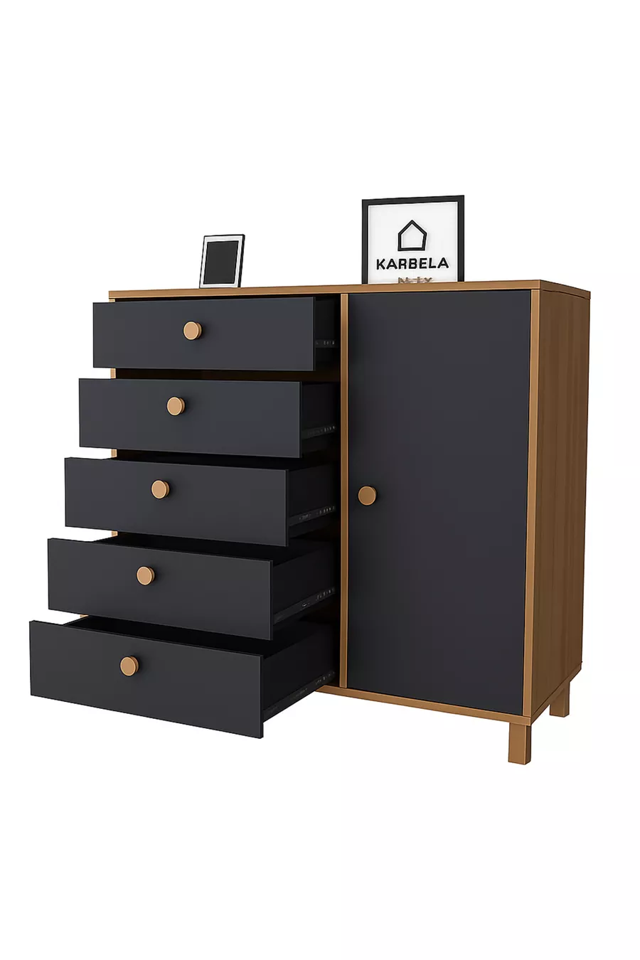 Kardela % MDF Chambre d'enfant Commode pour bébé 5 tiroirs avec porte Anthracite Pin Atlantique